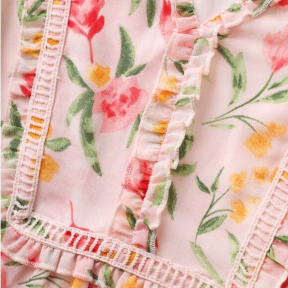 BloomChic Plus Size 3XL Chiffon Watercolor Floral Woven Ribbon Frill Trim Blouse - Picture 7 of 7